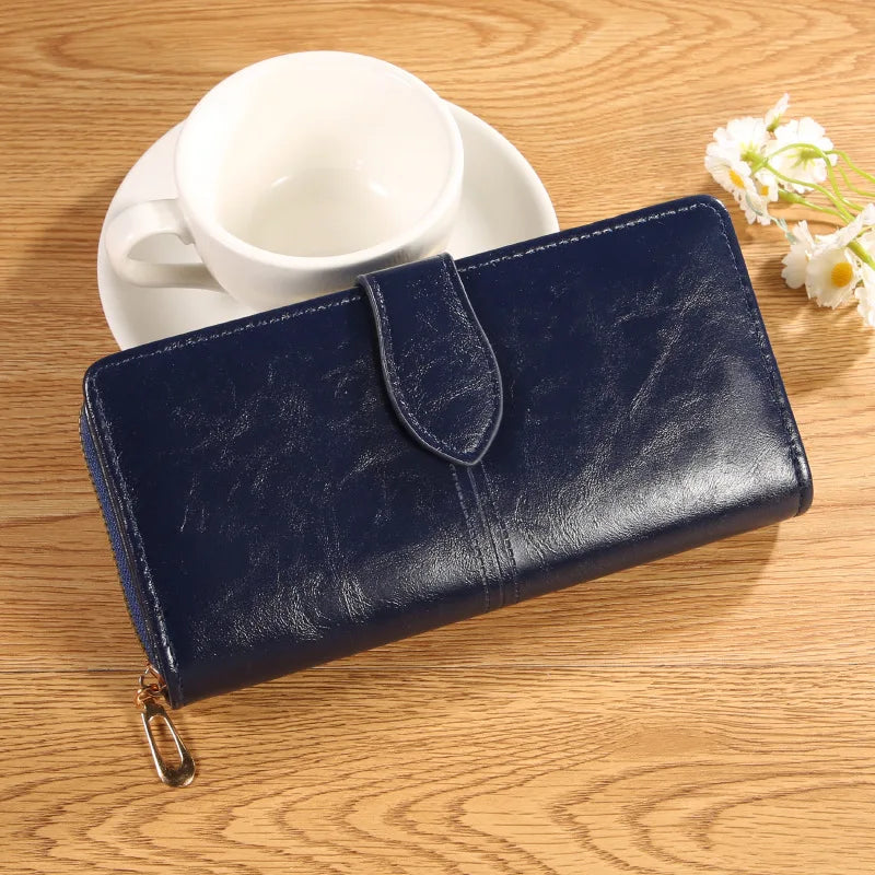 Oil Wax Leather Wallet, Mobile Phone Bag, Long Zipper Coin Bag, Women's Card Bag, Solid Color Large Bill Holder Wallet