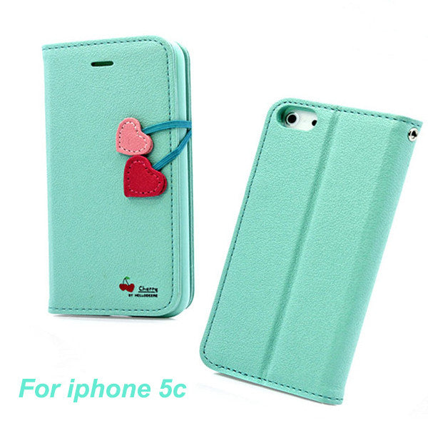 Hot PU Leather Case For iPhone 4 4S 5 5S 5C Cherry Series Flip Cover With Stand Function & Card Holder Free Shipping