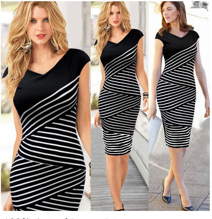 Hot-selling black and white stripe plus size summer women's one-piece dress slim pencil skirt 498 - Shopy Max