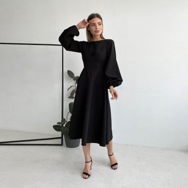 CHURSES Sexy Backless Midi Dress Lantern Sleeve O-Neck Autumn Folds A-Line Fashion Party Night Club Long Dresses For Women