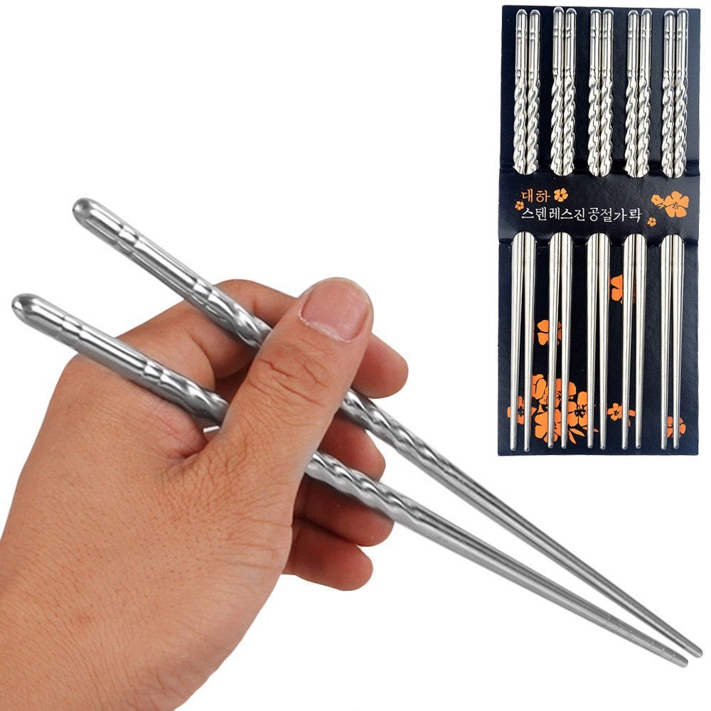5 Pairs Chinese korean Portable Stainless Steel metal Exquisite Spiral Non-slip Chopsticks Chop Sticks with Retail Box