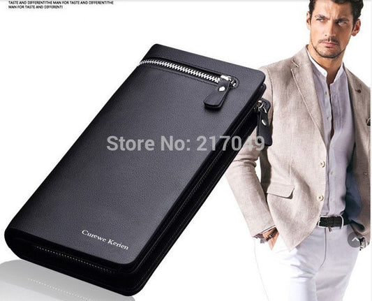 Hot selling European and American fashion business genuine leather handbags long wallet men zip purse