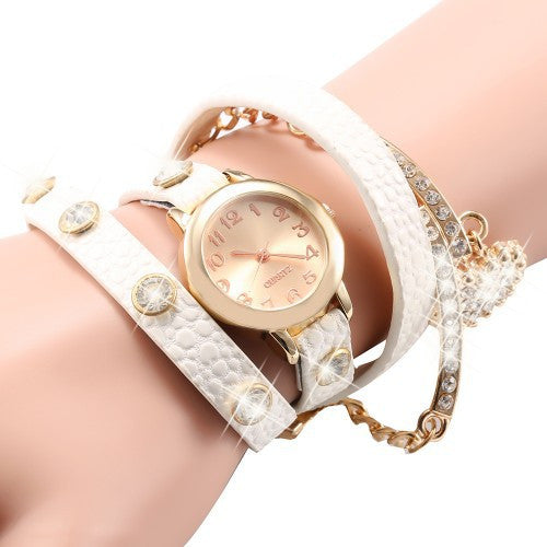 Glitter Woman Watches Rhinestone Heart Pattern Pendant Bracelet Round Head Casual Watch Fashion Leather MetalChain Diamond Rivet - Shopy Max