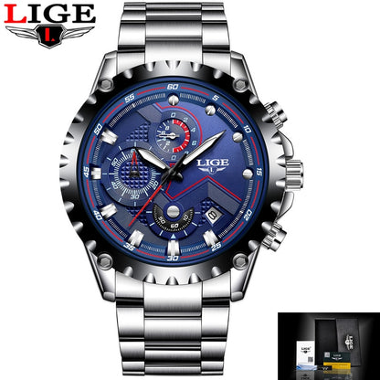LIGE Top Brand Luxury Mens Fashion Watch Men Sport Waterproof Quartz Watches Men All Steel Army