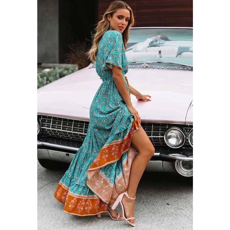 BOHO INSPIRED blus floral maxi dress V-neck button down lace