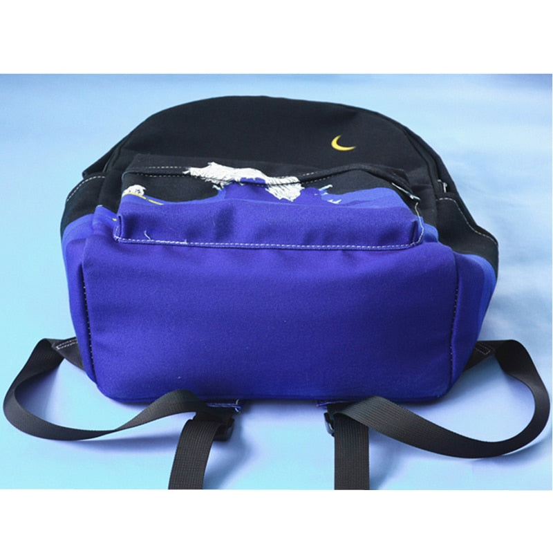 Moon Wood Women Backpack Black Blue Travel Bag Print Sea
