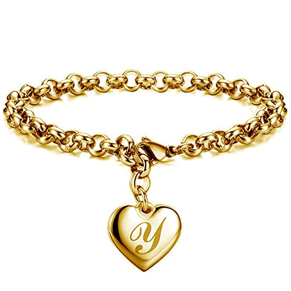 Initial Charm Gold-Color Bracelets Stainless Steel Heart 26 Letters
