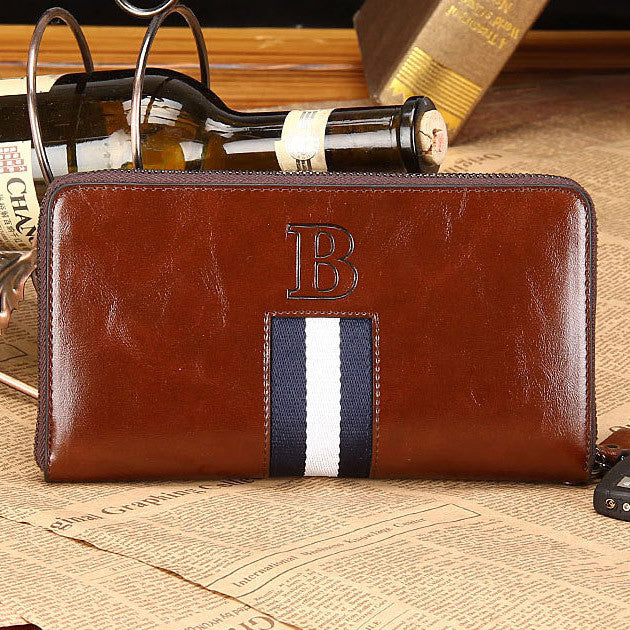 Mens' England Style Genuine Leather Wallet Male Large Zipper Clutch Purse Casual Cowhide Wallet with Strap for Men - Shopy Max