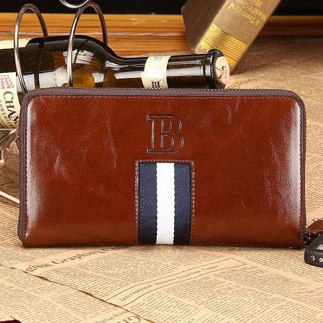 Mens' England Style Genuine Leather Wallet Male Large Zipper Clutch Purse Casual Cowhide Wallet with Strap for Men - Shopy Max