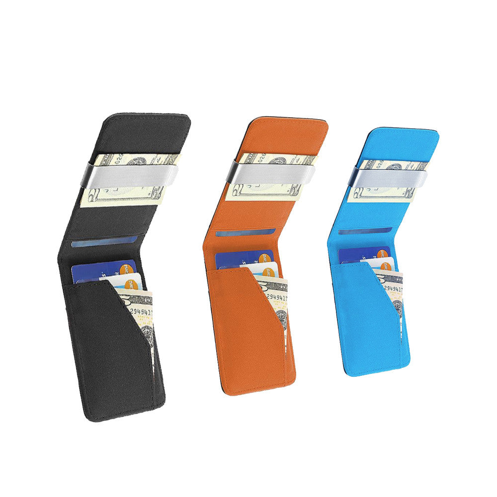 New Coming Mens Genuine Leather Silver Money Clip Slim Wallets Black ID Credit Card Holder, Space-Saving Design Fit Small Pocket