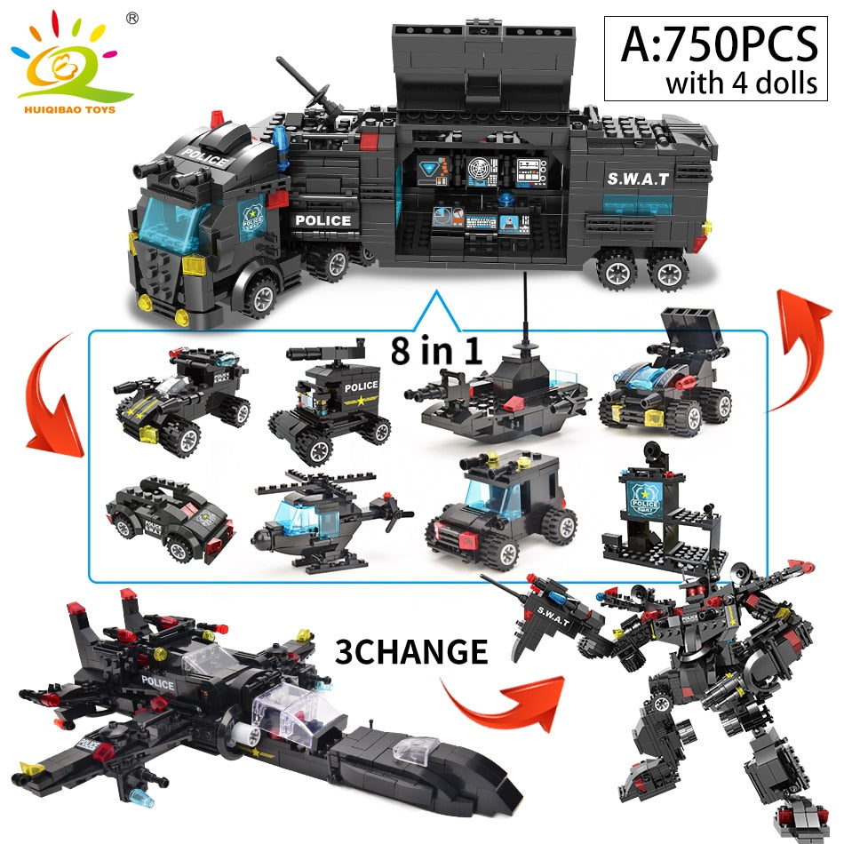 HUIQIBAO SWAT Police Station Truck Model Building Blocks City Machine