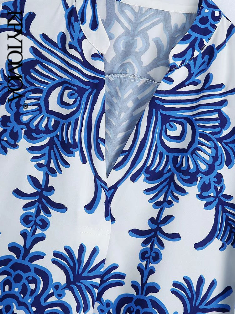 Fashion Totem Printed Asymmetric Blouses Vintage Long Sleeve Side Vents Female Shirts Chic Tops