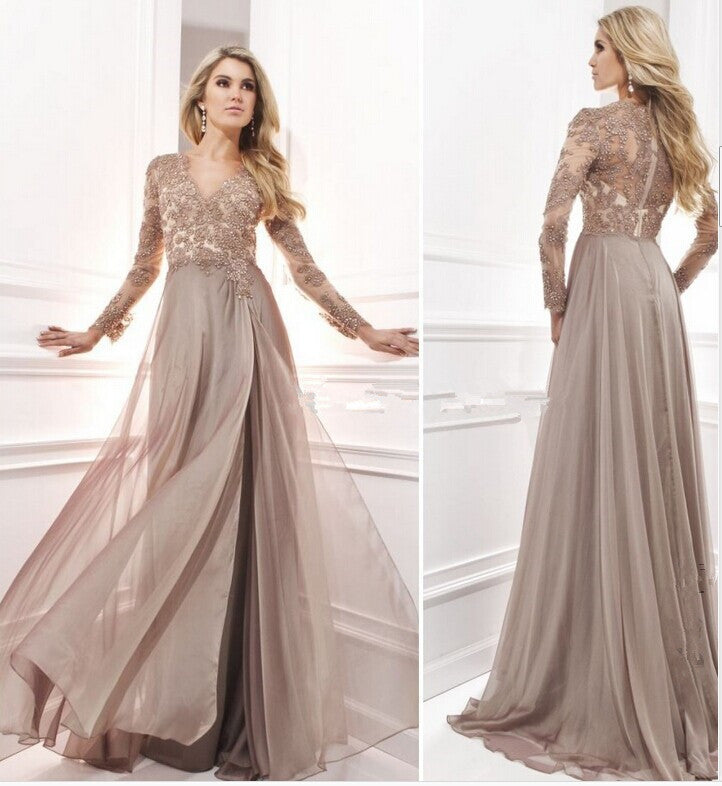 Real Picture Elegant Long Sleeve A Line V Neck Chiffon Lace Beaded Long - Shopy Max