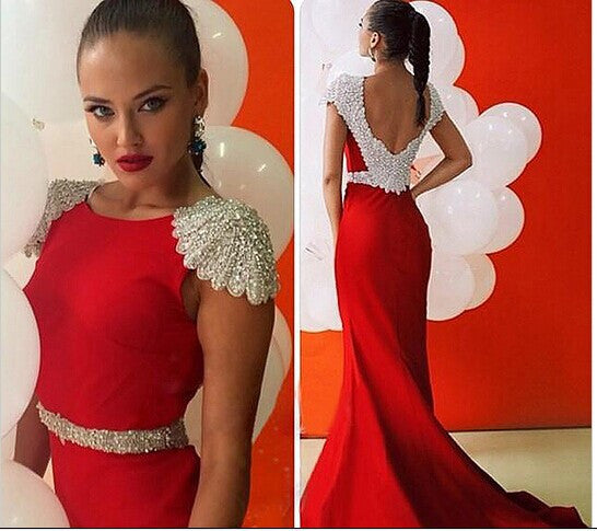 Charming Satin Beaded Red Mermaid Long Evening Dresses 2016 Robe