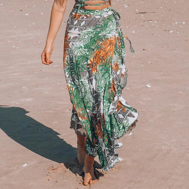 2019 New Bikini Beach Skirt Tunics for Beach Long Leaves Print Bikini Cover up