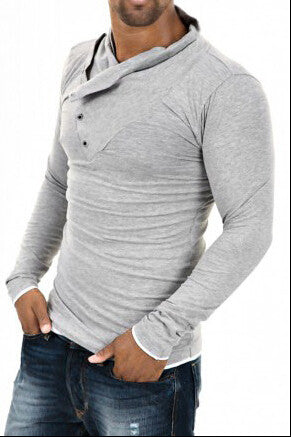 2016 New Autumn Mens 100% Cotton Oblique Button Collar T Shirt Fashion Men Long Sleeve