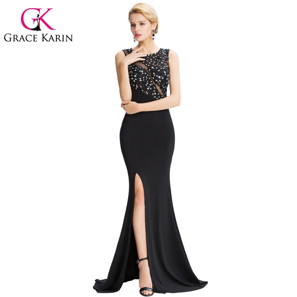 Grace Karin Sleeveless Black Mermaid Evening Dresses Floor Length Elegant Long - Shopy Max