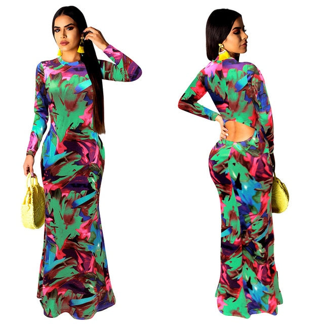 Elegant Women Boho Floral Print Halter Autumn banquet Long Dress Sexy