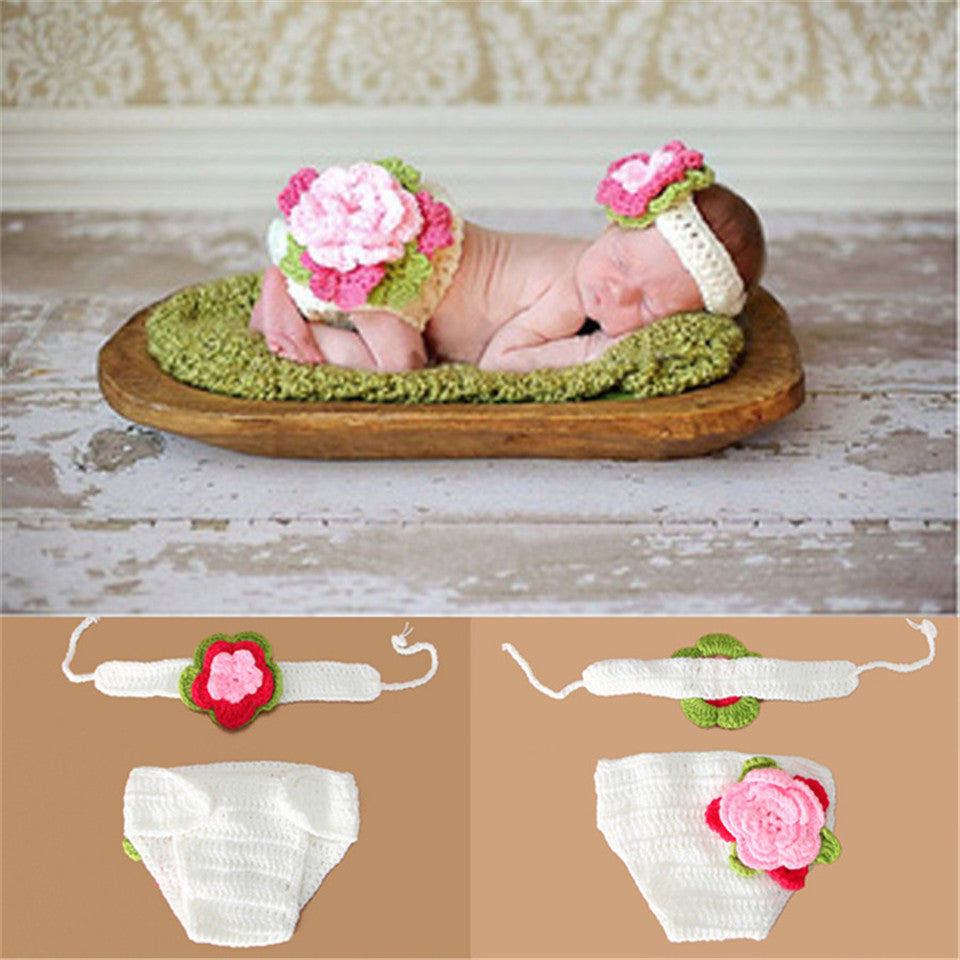 Flower Newborn Costume Baby Hat Short Set Handmade Knit Crochet