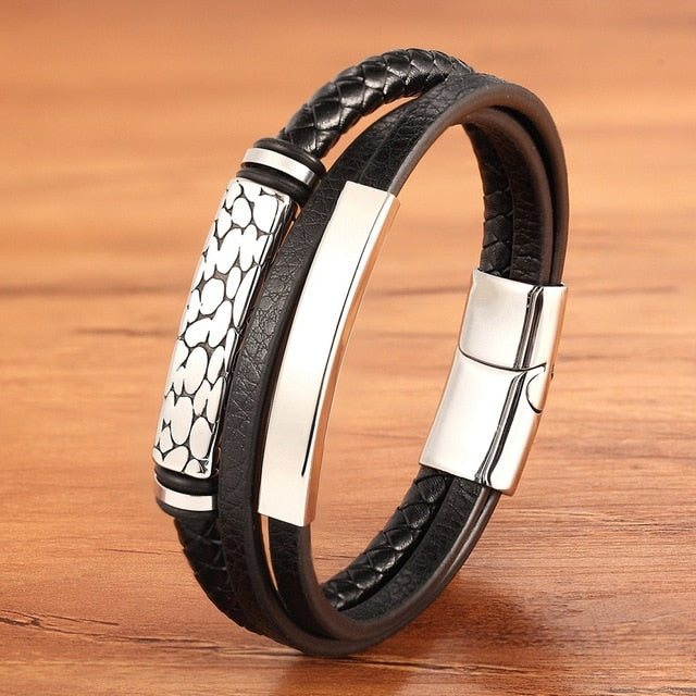 Geometric Pattern Multi-layer Accessories Black Men's Leather Bracelet Luxury Jewelry Valentine's Day Gift Free Shipping
