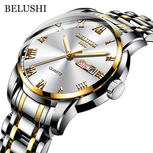 BELUSHI Top Brand Watch Men Stainless Steel Business Date Clock Waterproof
