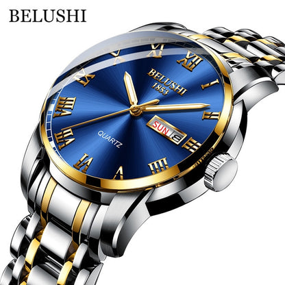 BELUSHI Top Brand Watch Men Stainless Steel Business Date Clock Waterproof