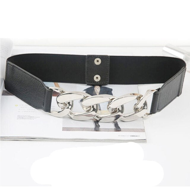 Punk Fashion Women Elastic Belts Designer Luxury Brand PU Thick Chain Waist