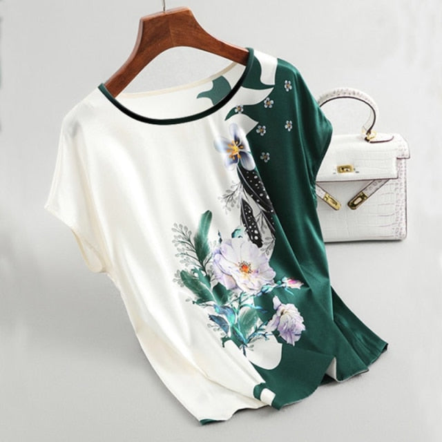 Fashion Floral Print Blouse Pullover Ladies Silk Satin Blouses Plus Size