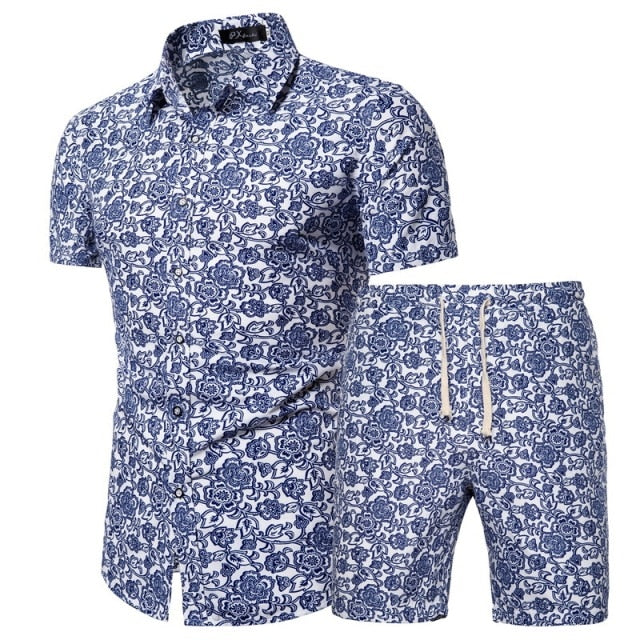 2020 Summer New Men's Clothing Short-sleeved Printed Shirts Shorts 2 Piece Fashion Male Casual Beach Wear Clothes - Shopy Max