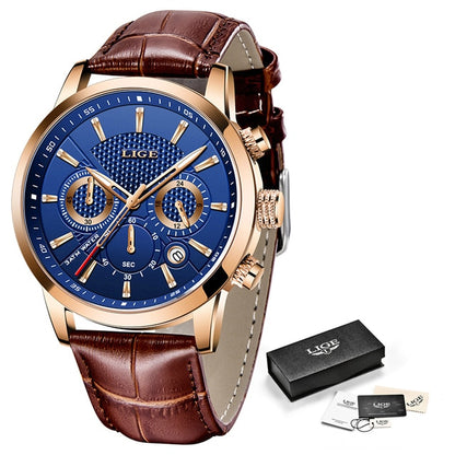 2021 New Mens Watches LIGE Top Brand Leather Chronograph Waterproof Sport