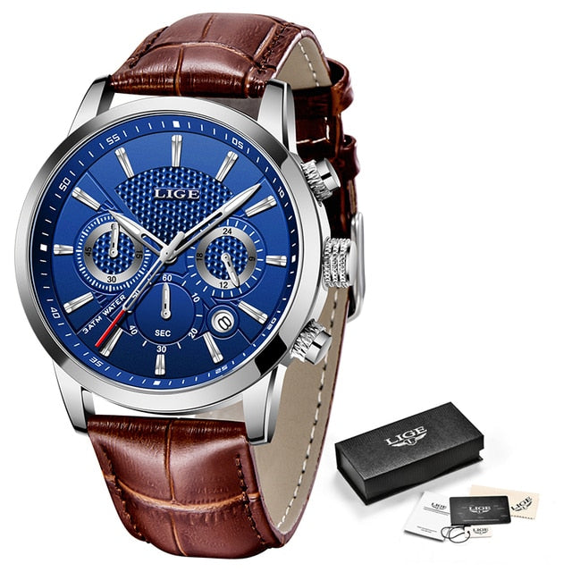 2021 New Mens Watches LIGE Top Brand Leather Chronograph Waterproof Sport