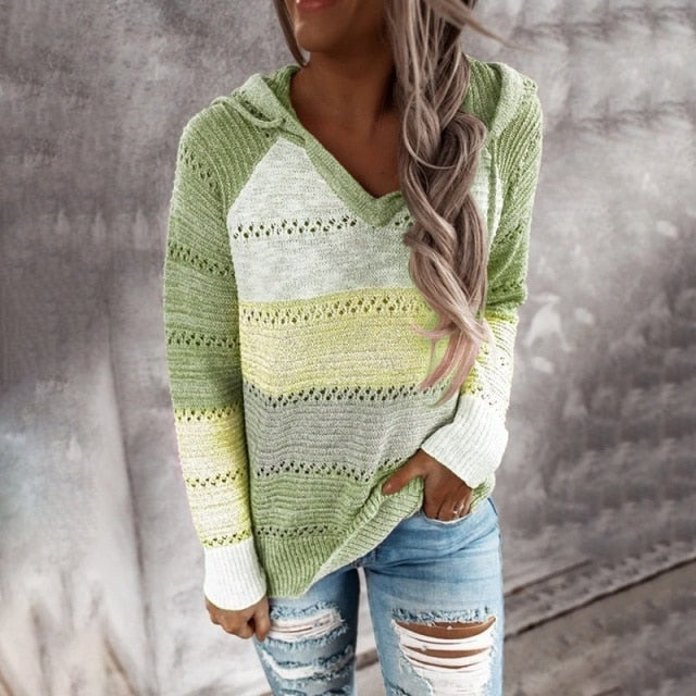 Autumn Women Patchwork Hooded Sweater Long Sleeve V-neck Knitted Sweater