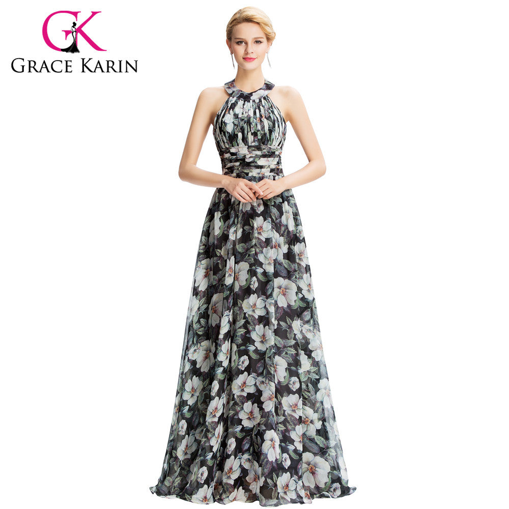 2016 New Halter Floral Print Evening Dresses Flower Pattern Chiffon Floor - Shopy Max
