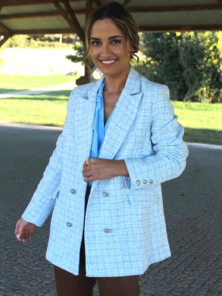 New Casual Women Tweed Blazer Vintage Office Lady Jacket Coat