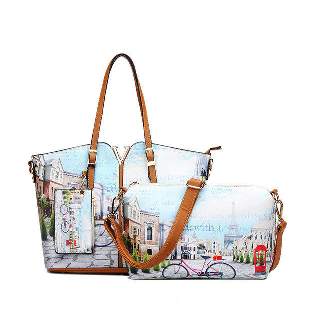 Realer Brand 3-Sets Printed Handbag Women Large Shoulder Bag High Quality PU Leather - Shopy Max