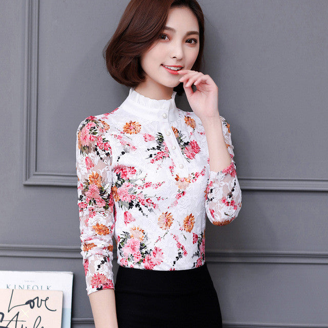 New 2017 Fashion Blusa Women Brand shirt Slim Pirnted shirt long-sleeved Female lace