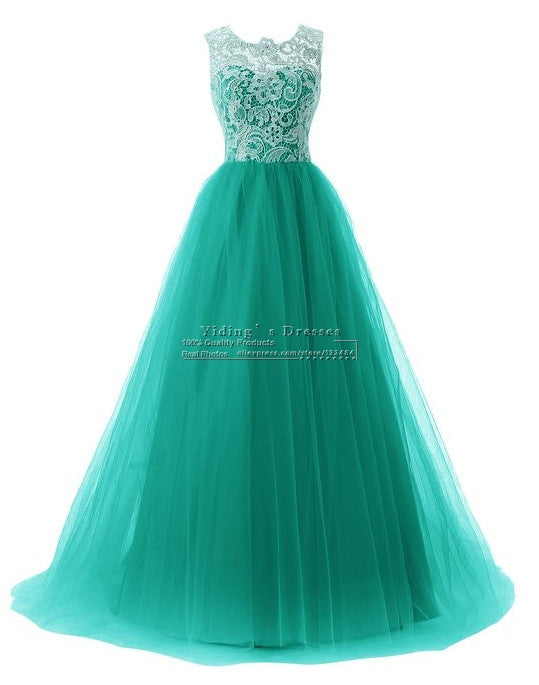Green Lace A-line Formal Long Evening Dress Sleeveless Evening Party Dress 2016 - Shopy Max