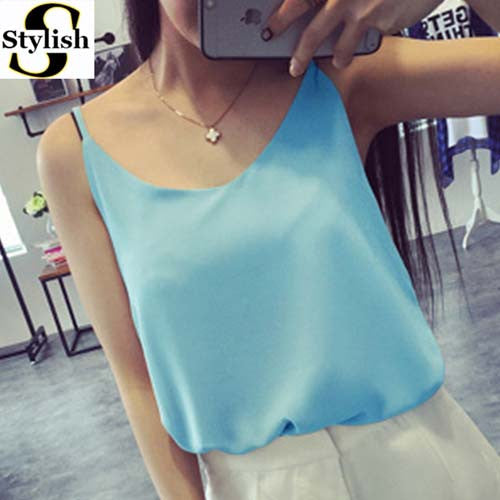 Chiffon Tank Top Women 2017 New Summer Sleeveless Shirt Sexy V-neck Cami Loose
