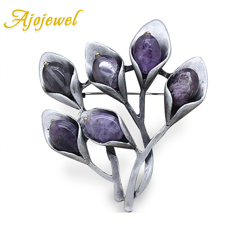 Ajojewel Red Green Purple Semi-precious Stone Branch Designer Pins Brooch