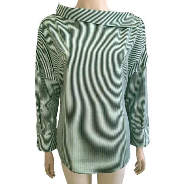 Autumn Women's Striped Sexy Oblique Strapless Loose Long-sleeved Collar Hedging Bat Sleeve - Shopy Max