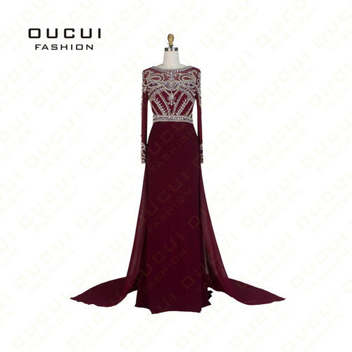 Real Photo Formal Long Sleeves Gown See Through Back Beading Handwork - Shopy Max