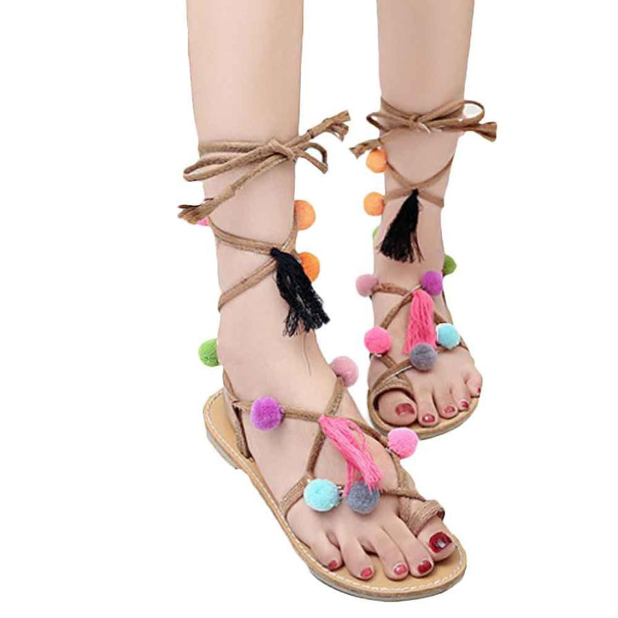 Mint 2Colors Women Pom Pom Leather Sandals Lollipop Colorful Beaded Shells Sandals Jul01