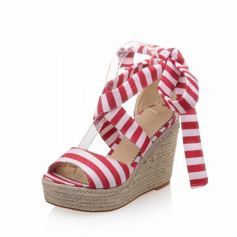 2016 New Arrival Lace up Women Sandals Gladiator Stripe Weave Wedges