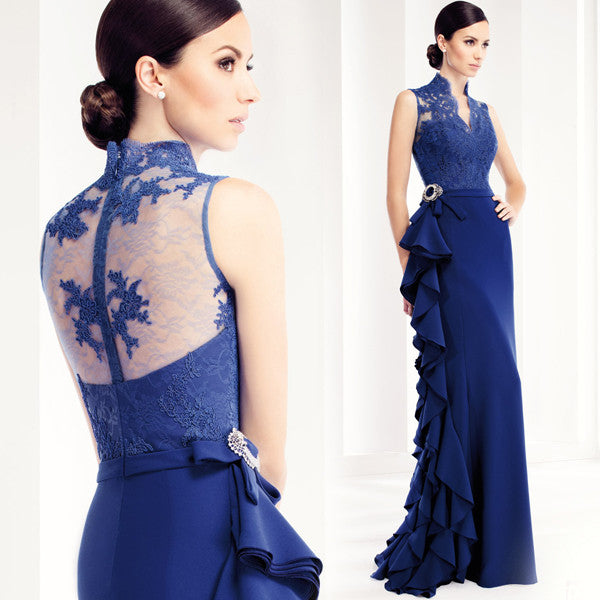 2016 Blue Lace Long Evening Dresses The Banquet Elegant Backless - Shopy Max