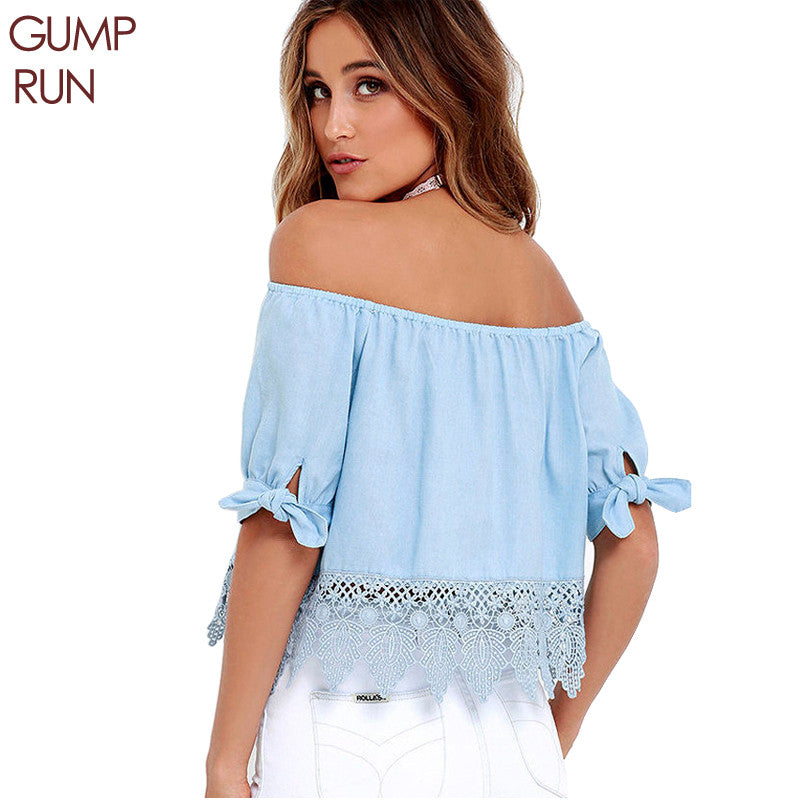 GUMPRUN Sexy Slash Neck Hook Flower Hollow Women Tops Off Shoulder Women Blouses - Shopy Max
