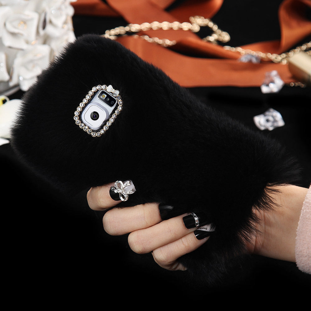Real Rabbit Hair Phone Case for Samsung Galaxy S6 Edge Case Cover Rhinestone Bling Hard Case for Samsung S6 Edge - Shopy Max