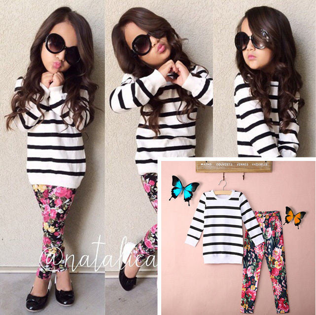 Baby Kids Girls Long Sleeve Stripe Tops Shirt+Floral Pants 2Pcs Outfits Set 2-7Y - Shopy Max