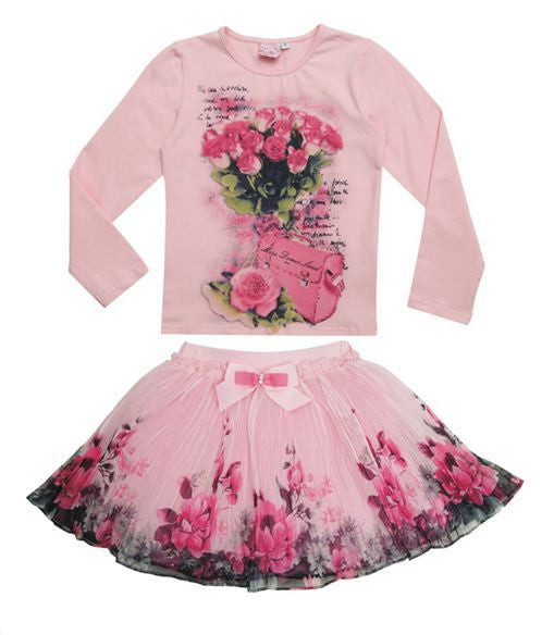 New Fashion 2016 Boutique Outfits Sets For Cute Kids Girl Print Floral Long Sleeve Shirts Tops+Tutu Skirts Sets With Bow Clothes