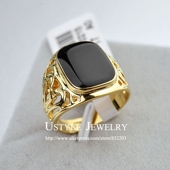 USTYLE 18K Gold Plated Fashion Black Ring Male Rings Jewelry for Men - Shopy Max