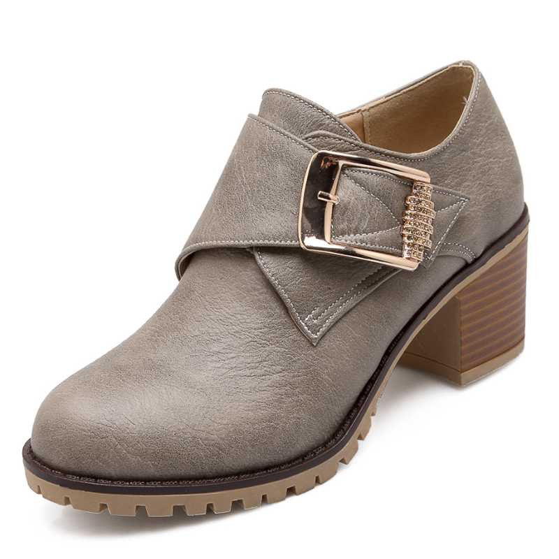 Fashion Women Pumps Roman Style Chunky Med High Heels Buckle Up Wedding Casual Spring Autumn Shoes Round Toe - Shopy Max